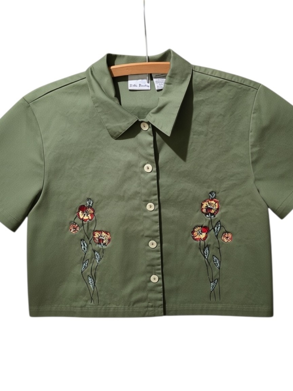 Bobbie Brooks Embroidered Floral Crop Button Front Shirt Women's 14 Olive Green